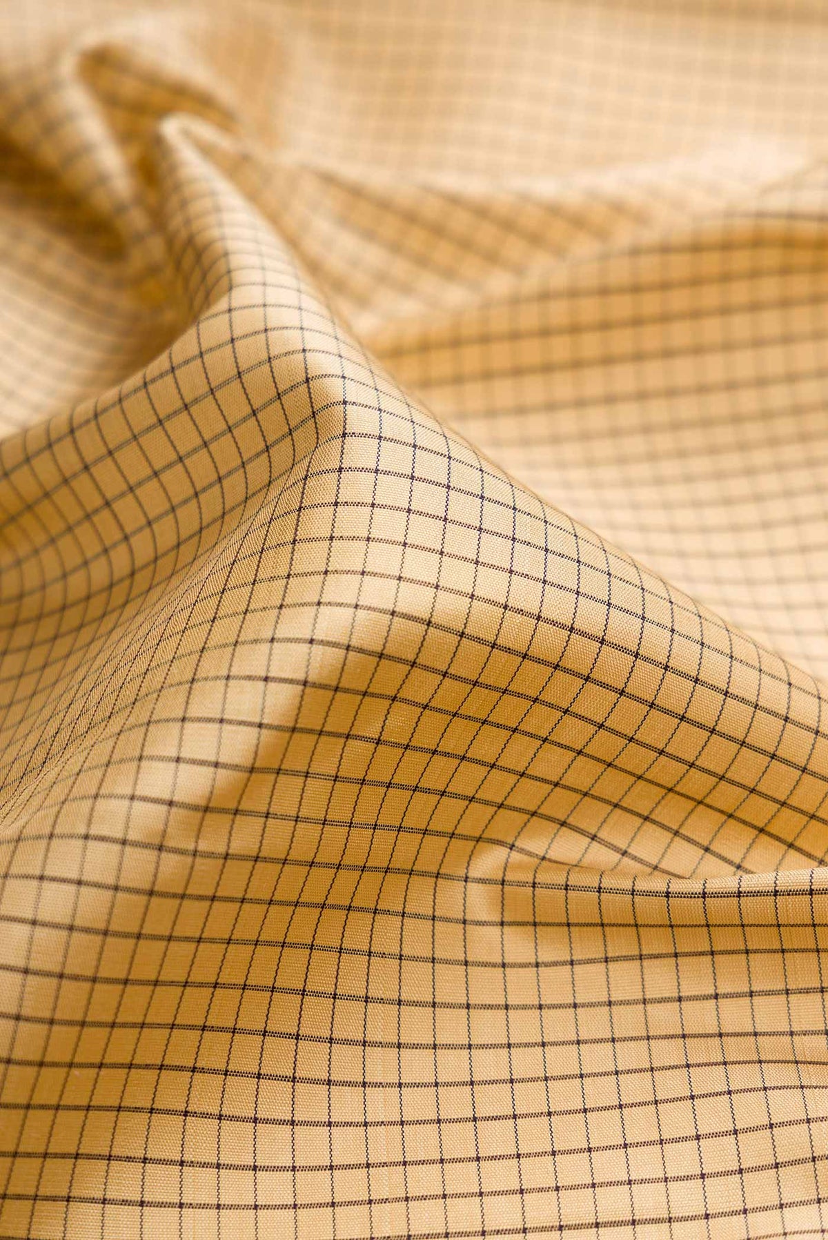 Close up of Sandal Dual Tone Kanchipuram Silk Saree with Checked design on the body and Zari Border displaying folds