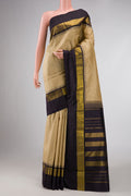 Sandal Dual Tone Kanchipuram Silk Saree with Checked design on the body and Zari Border displayed on a mannequin