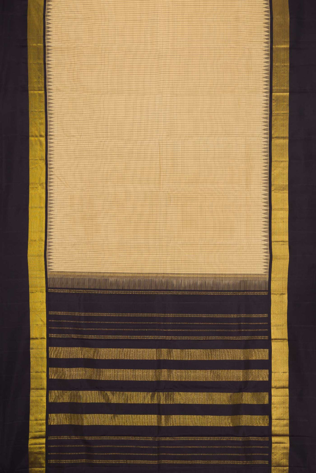 Flat view of Sandal Dual Tone Kanchipuram Silk Saree with Checked design on the body and Zari Border