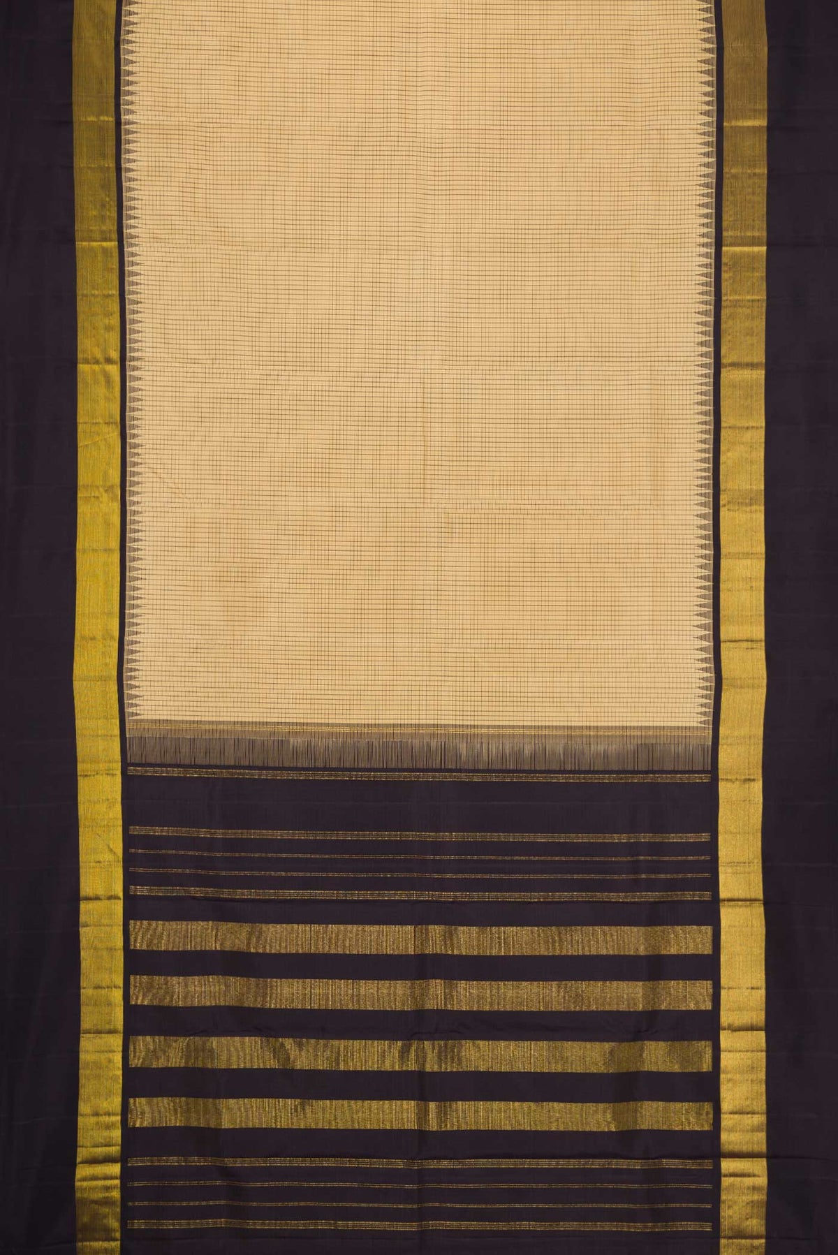 Flat view of Sandal Dual Tone Kanchipuram Silk Saree with Checked design on the body and Zari Border