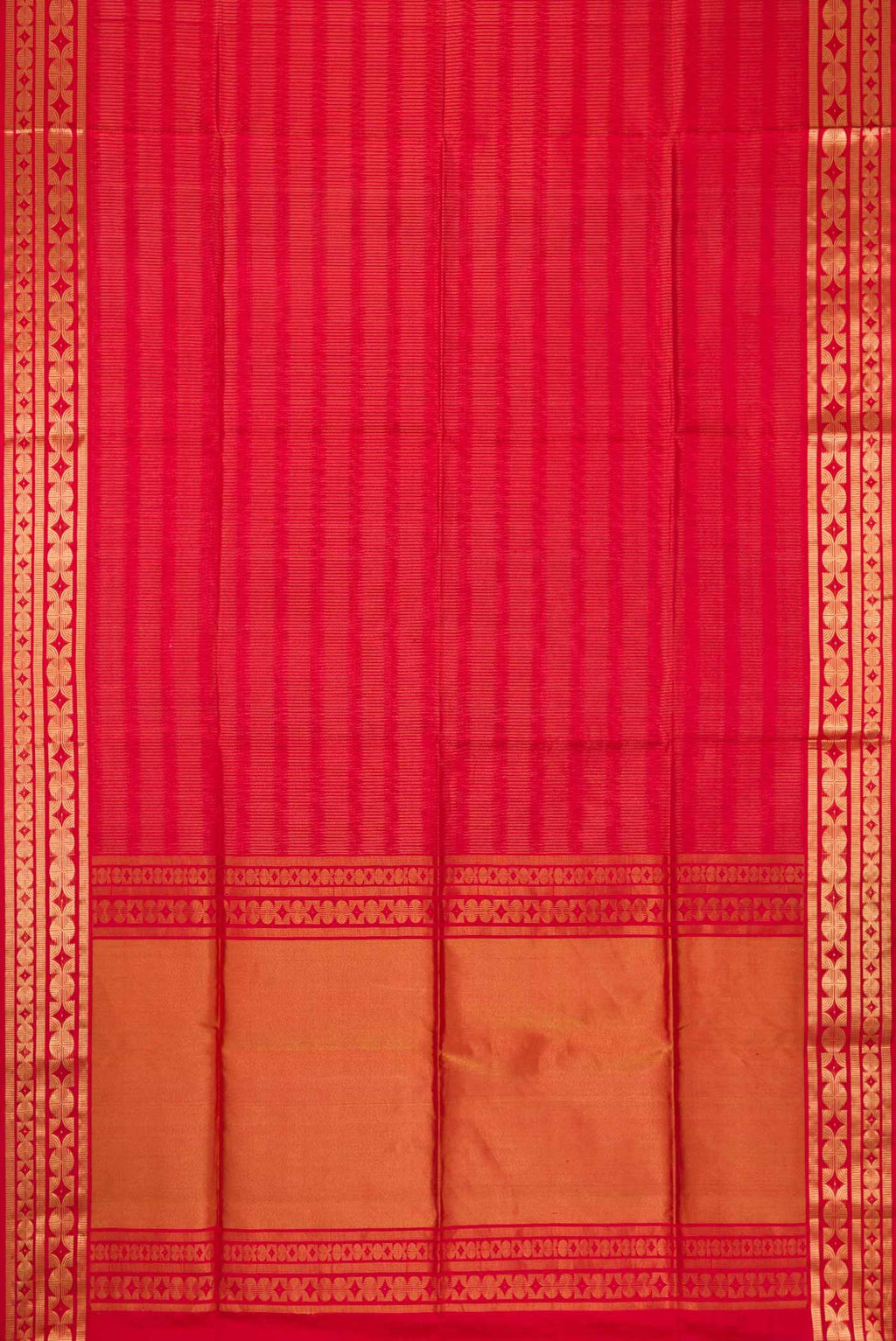 Flat view of Red Dual Tone Soft Silk Saree with Zari Brocade on the body and Zari Border. 