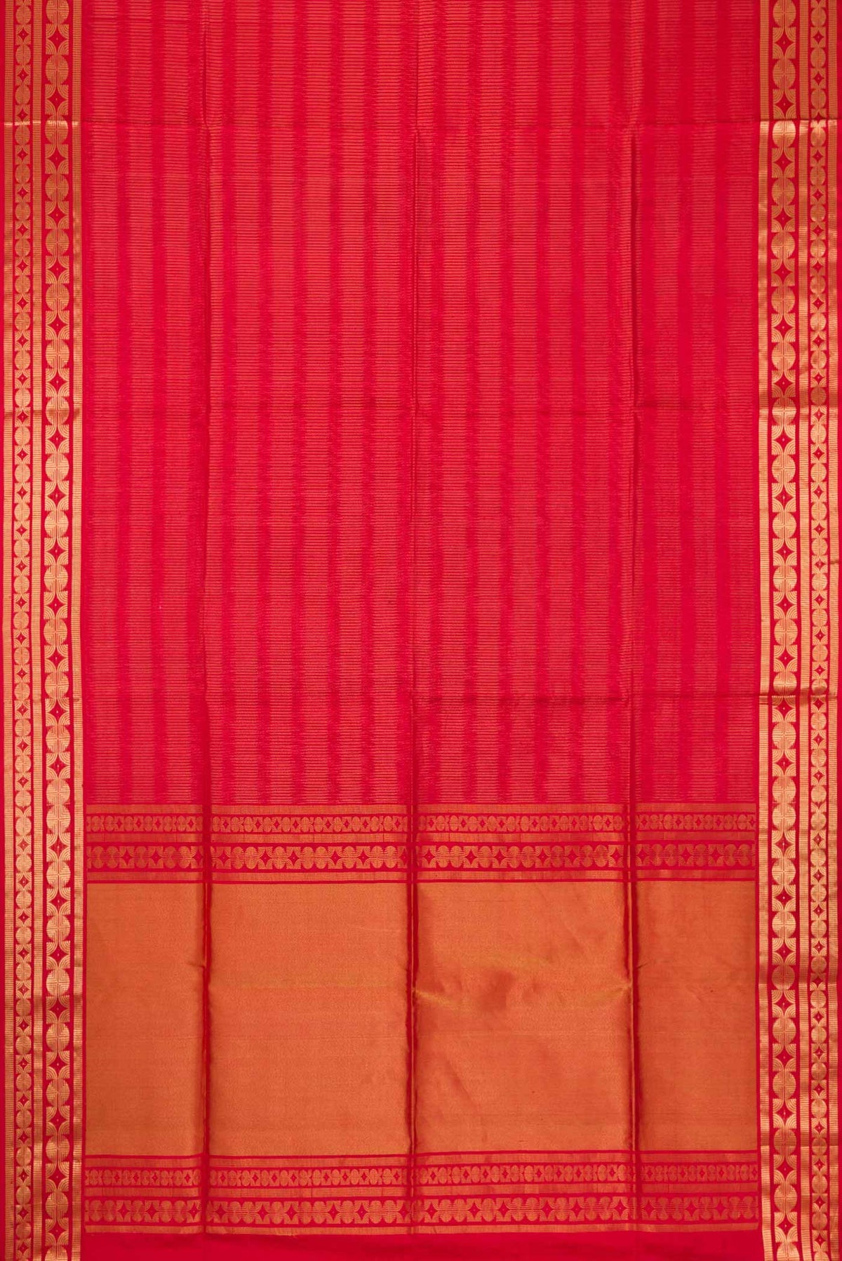 Flat view of Red Dual Tone Soft Silk Saree with Zari Brocade on the body and Zari Border. 