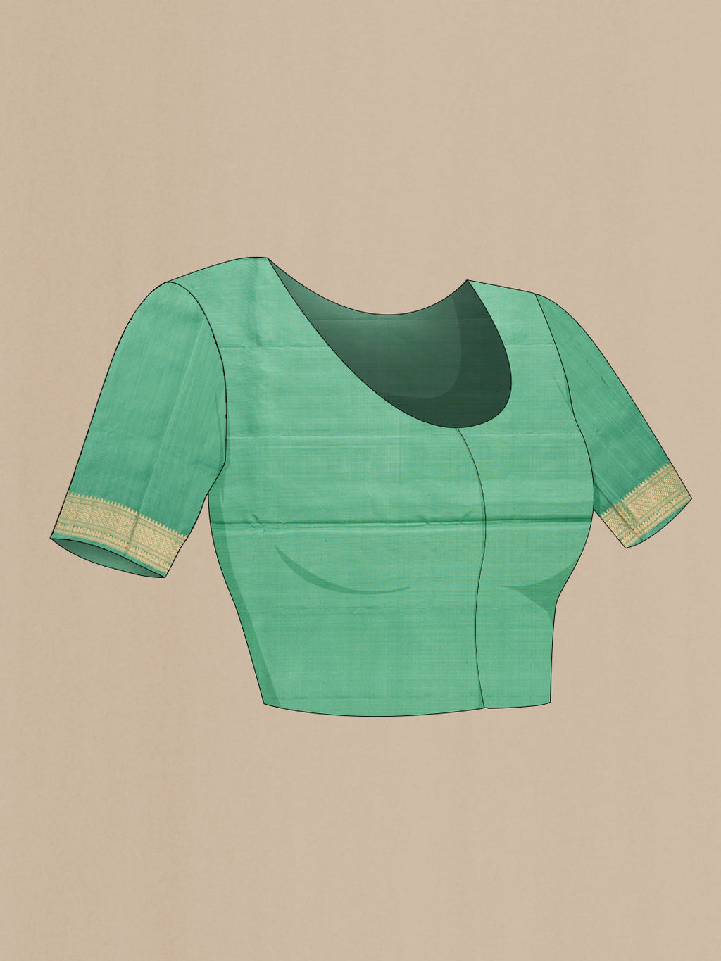 Close up image of the blouse of Green Dual Tone Soft Silk Saree with Zari Butta on the body and Zari Border. 