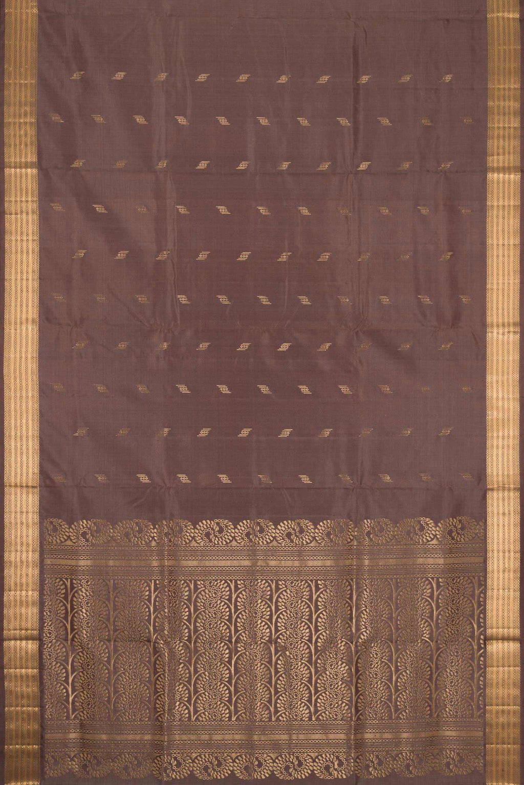 Flat view of Brown Dual Tone Soft Silk Saree with Zari Butta on the body and Zari Border