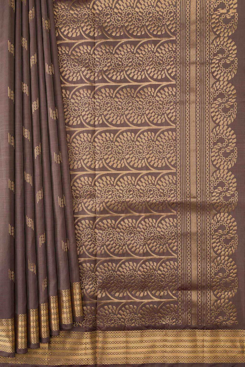 Pleats and pallu of Brown Dual Tone Soft Silk Saree with Zari Butta on the body and Zari Border