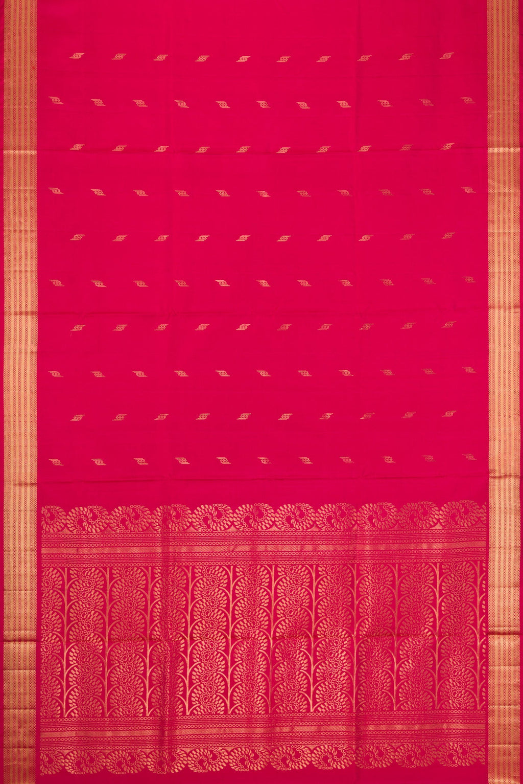 Flat view of Dark Pink Dual Tone Soft Silk Saree with Zari Butta on the body and Zari Border. 