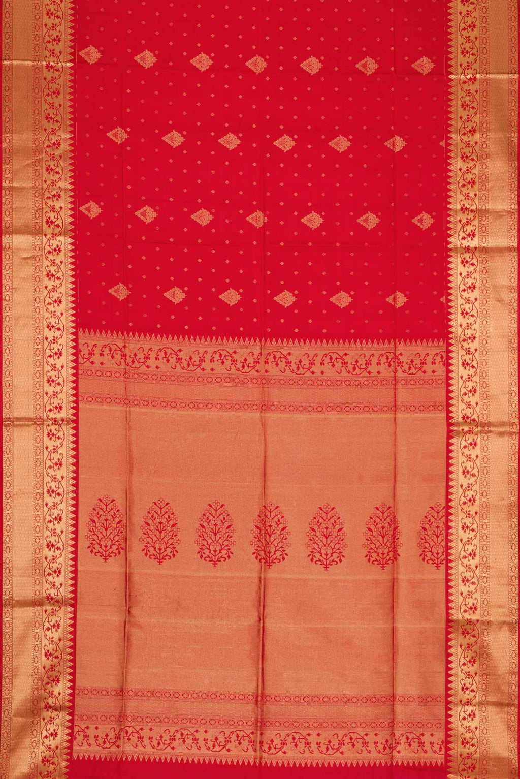 Flat view of Red Dual Tone Soft Silk Saree with Zari Butta on the body and Zari Border