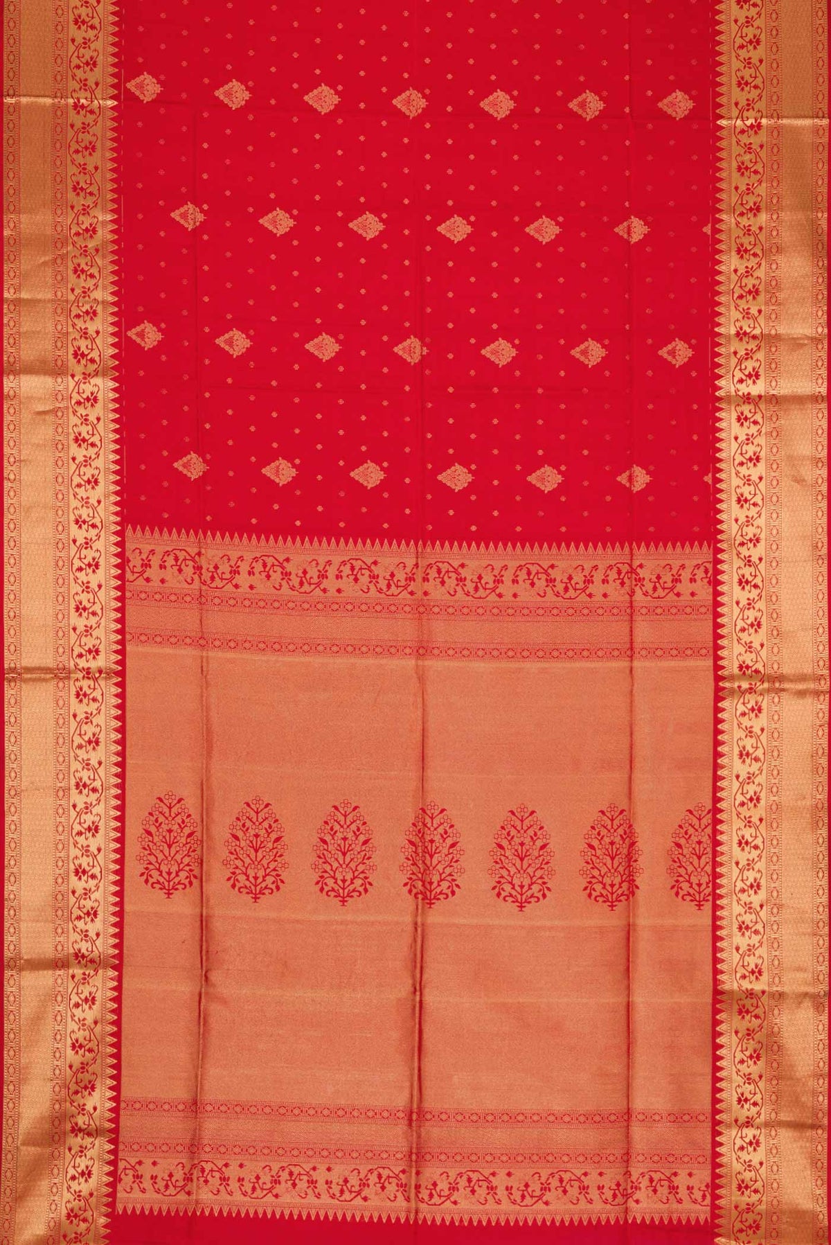 Flat view of Red Dual Tone Soft Silk Saree with Zari Butta on the body and Zari Border