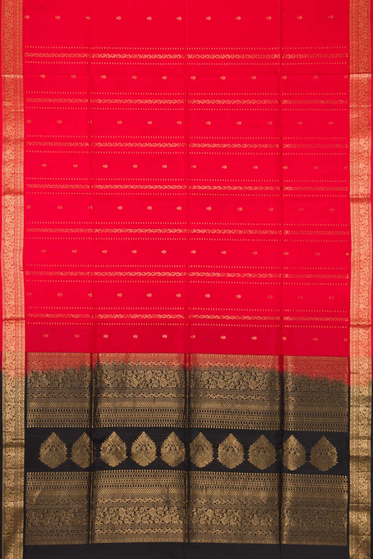 Flat view of Red Dual Tone Soft Silk Saree with Stripes on the body and Zari Border. 
