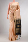 Sandal Dual Tone Soft Silk Saree with Zari Butta on the body and Zari Border displayed on a mannequin