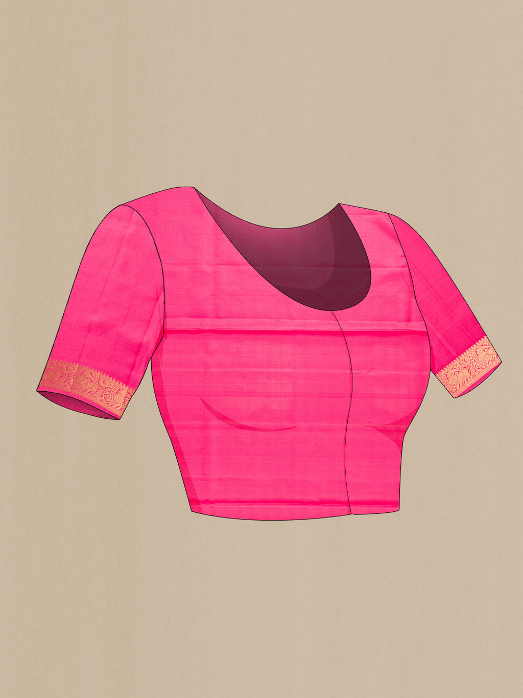 Close up image of the blouse of Pink Dual Tone Soft Silk Saree with Zari Butta on the body and Zari Border. 