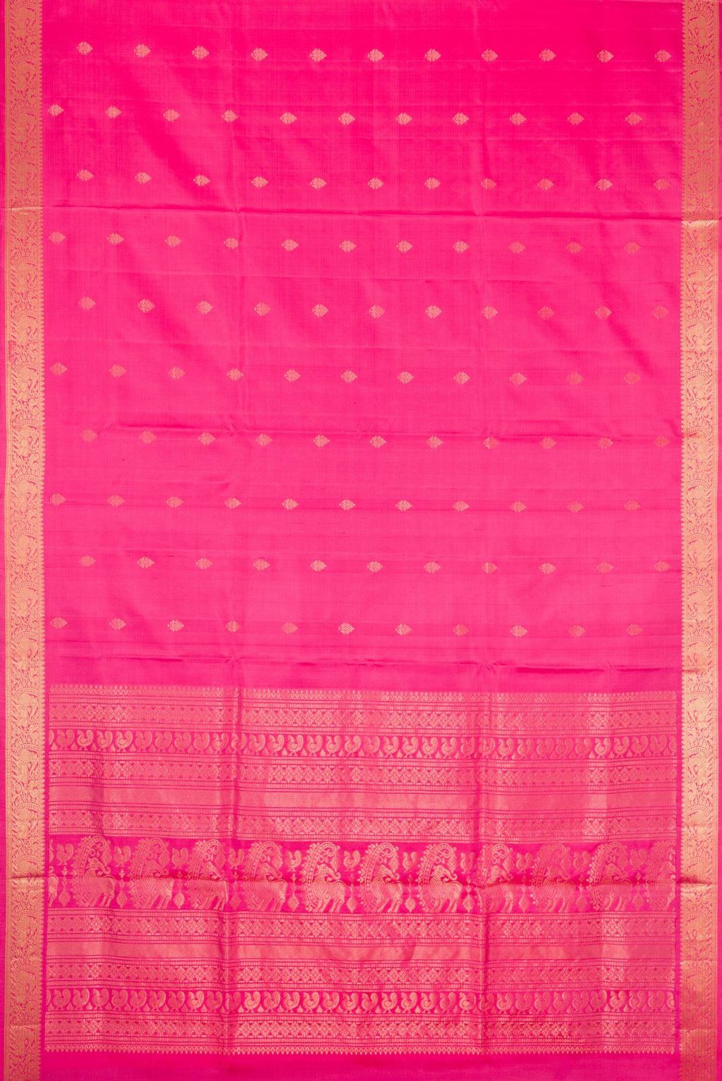 Flat view of Pink Dual Tone Soft Silk Saree with Zari Butta on the body and Zari Border. 