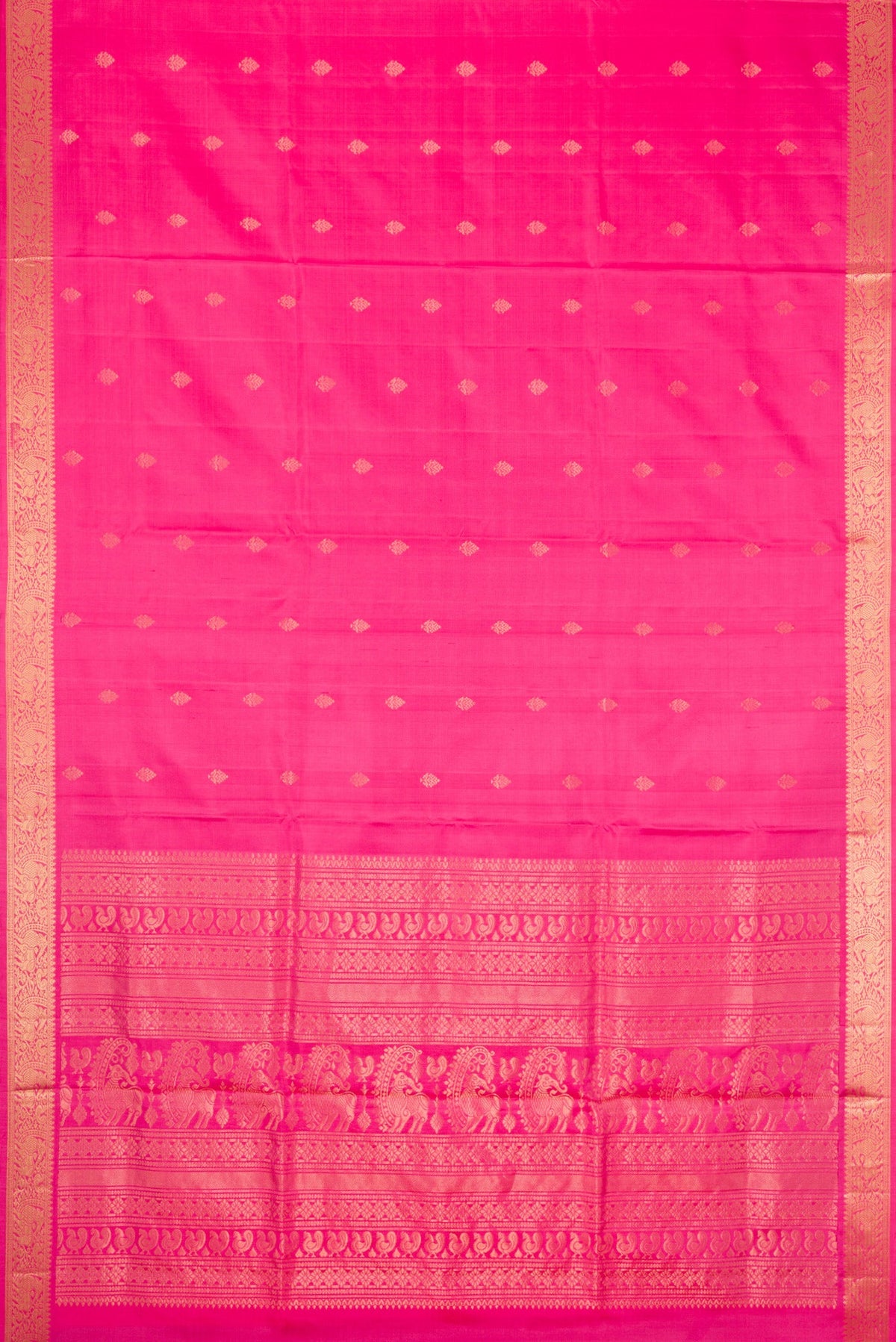 Flat view of Pink Dual Tone Soft Silk Saree with Zari Butta on the body and Zari Border. 