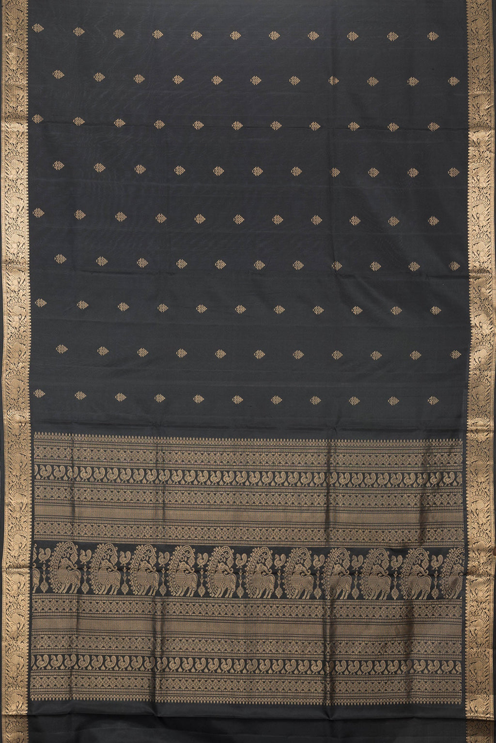 Flat view of Black Dual Tone Soft Silk Saree with Zari Butta on the body and Zari Border. 