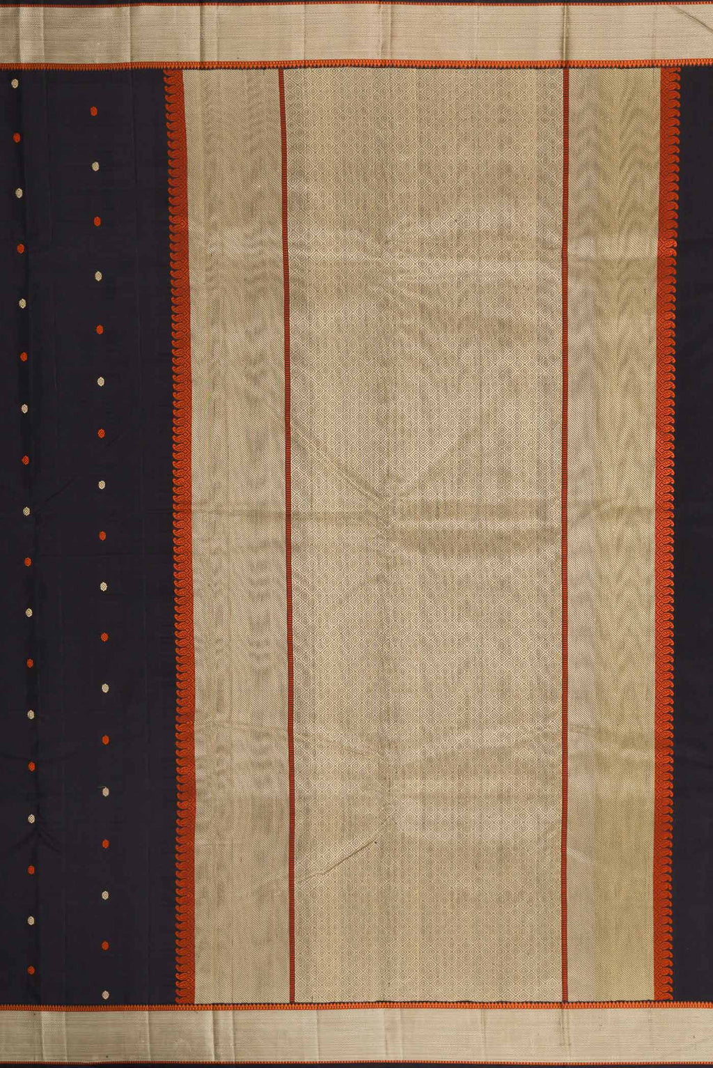 Close up image of the pallu of Black Dual Tone Kanchipuram Silk Saree with Thread Butta on the body and Thread Border