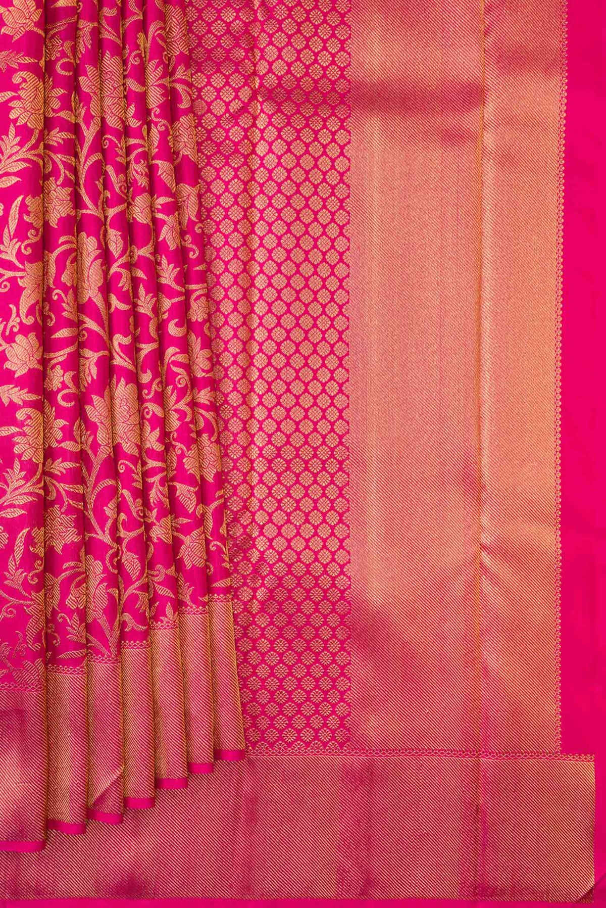 Pleats and pallu of Pure Silk Pure Zari Pink Dual Tone Kanchipuram Saree with Zari Brocade on the body and Zari Border