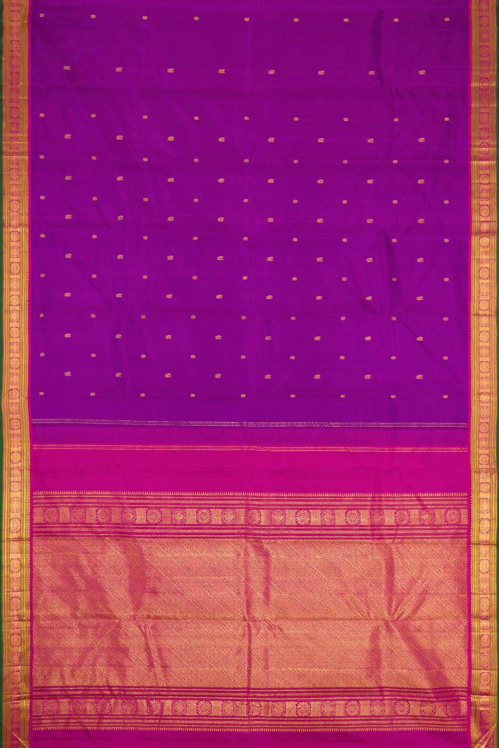 Flat view of Purple Dual Tone Kanchipuram Silk Saree with Zari Butta on the body and Zari Border