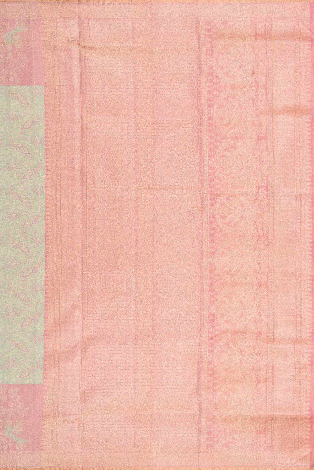 Close up image of the pallu of Pista Green Dual Tone Kanchipuram Tissue Silk Saree with Zari Brocade on the body and Zari Border