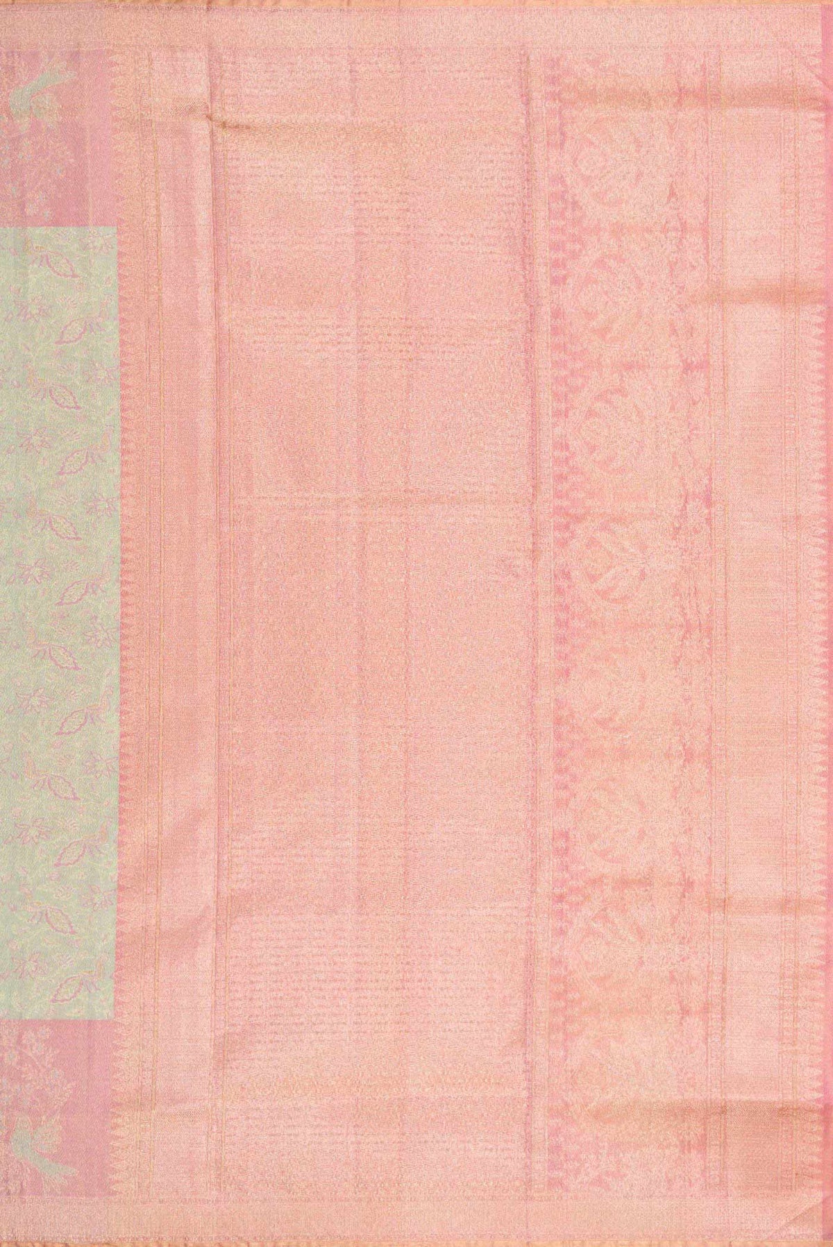Close up image of the pallu of Pista Green Dual Tone Kanchipuram Tissue Silk Saree with Zari Brocade on the body and Zari Border