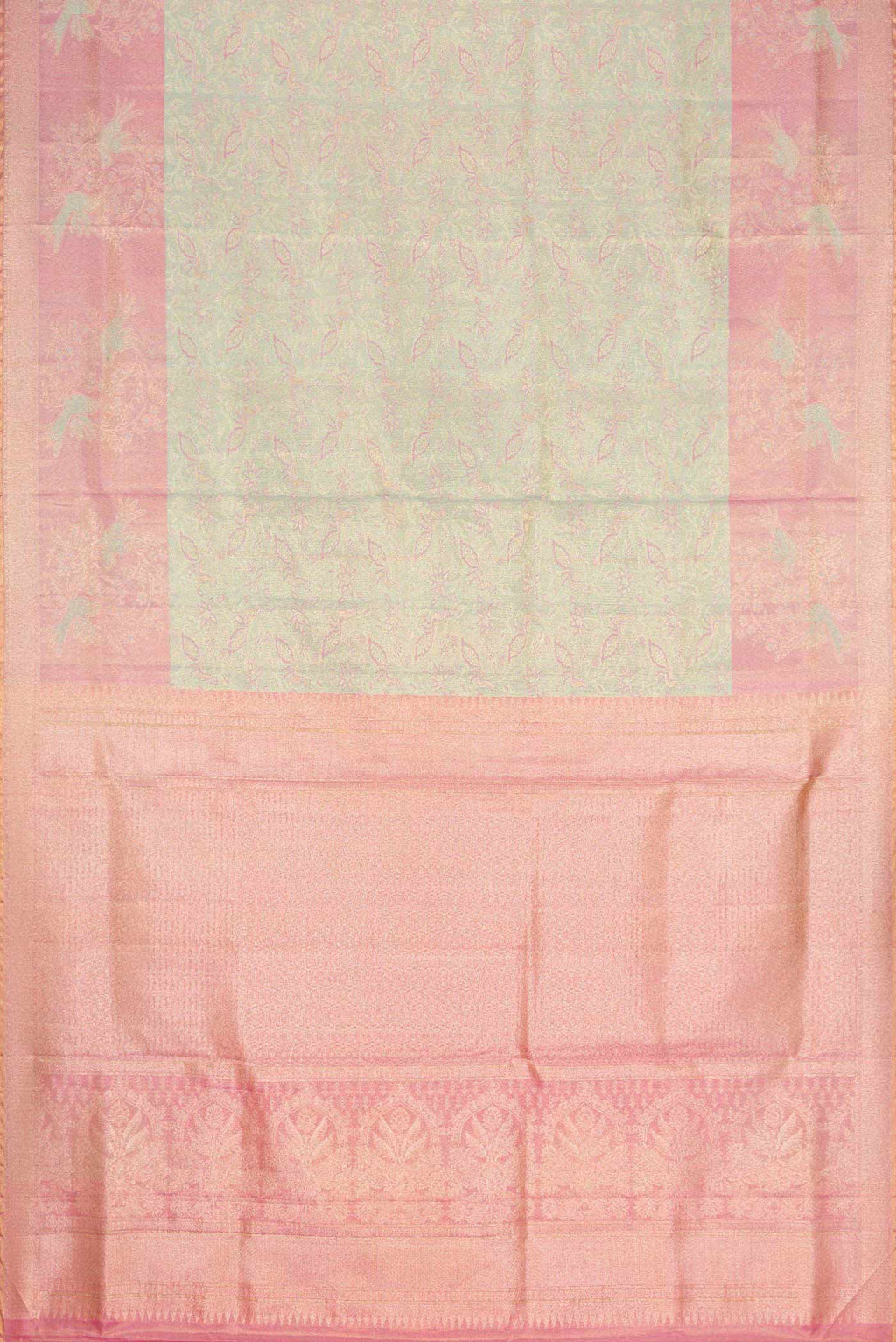 Flat view of Pista Green Dual Tone Kanchipuram Tissue Silk Saree with Zari Brocade on the body and Zari Border