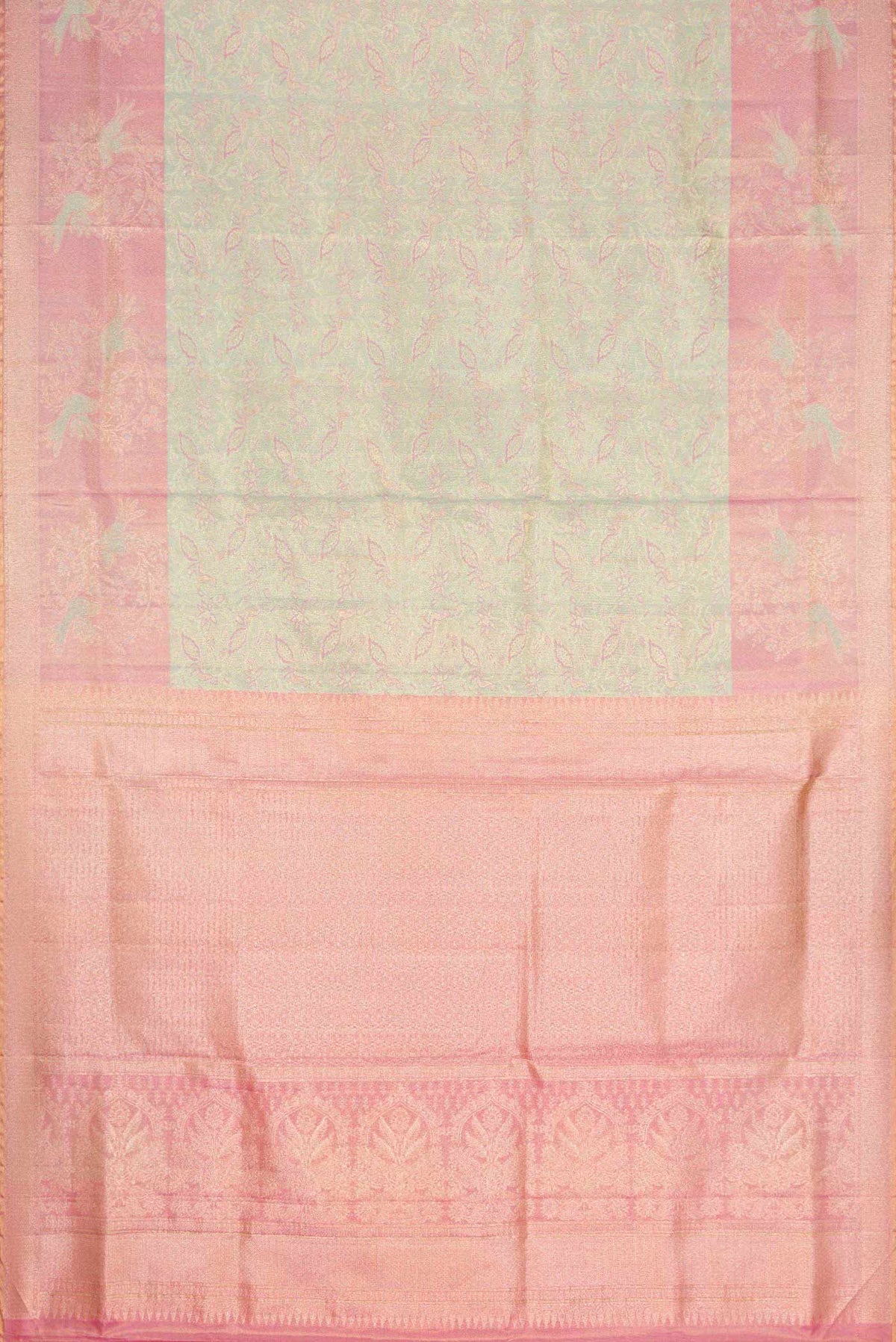 Flat view of Pista Green Dual Tone Kanchipuram Tissue Silk Saree with Zari Brocade on the body and Zari Border