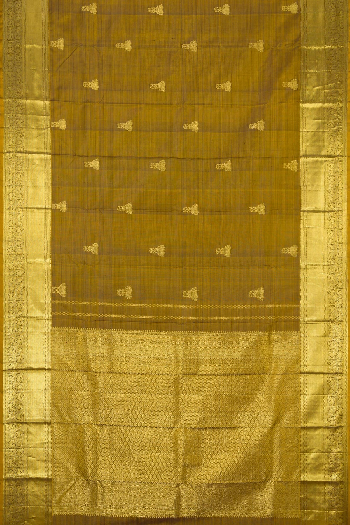 Flat view of Mehandi Green Dual Tone Kanchipuram Silk Saree with Zari Butta on the body and Zari Border. 