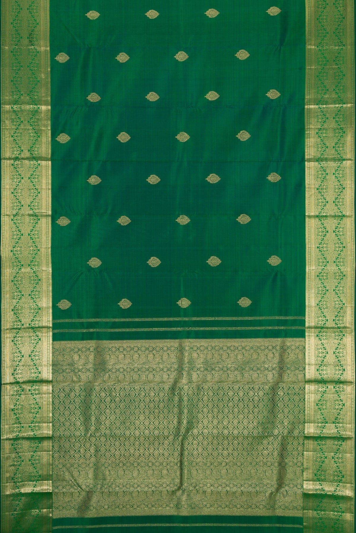 Flat view of Green Dual Tone Kanchipuram Silk Saree with Zari Butta on the body and Zari Border. 