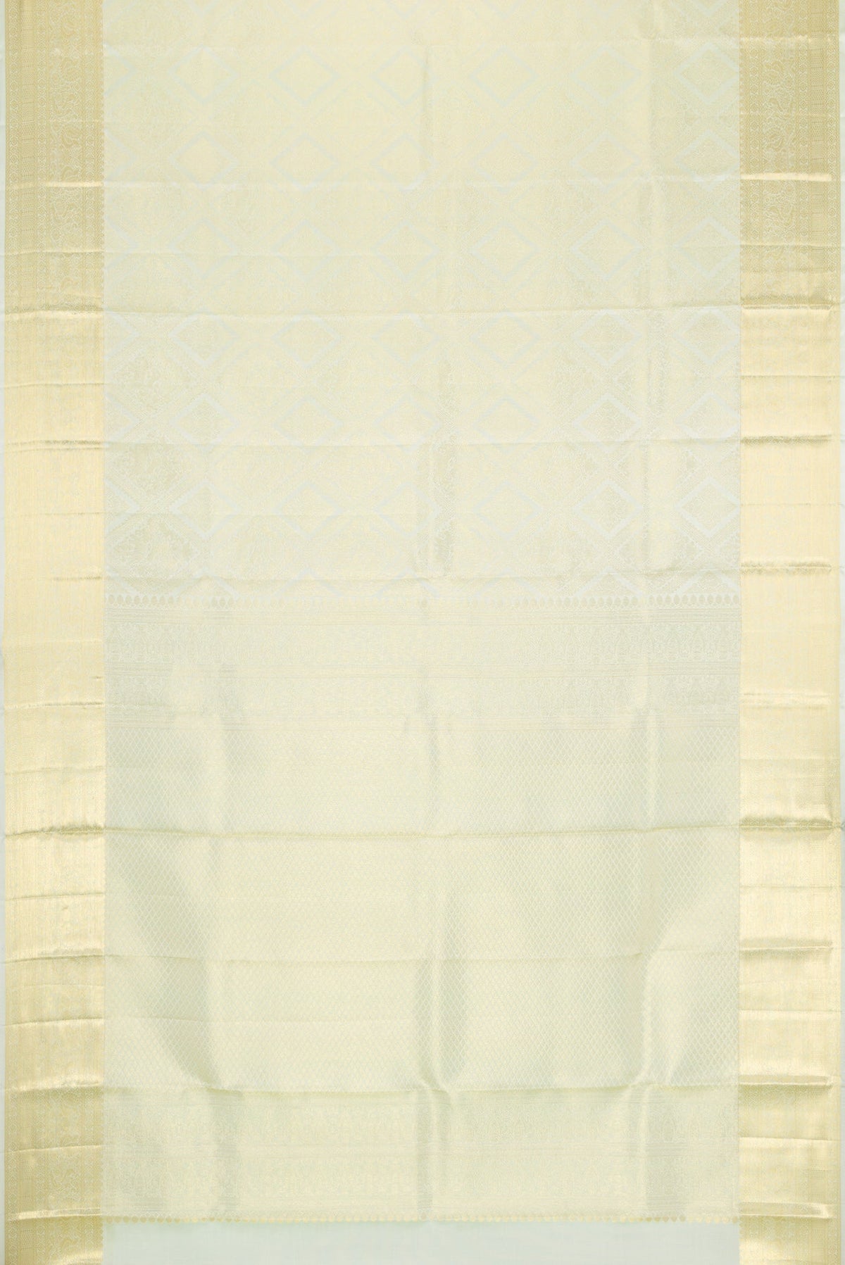 Flat view of Pista Green Dual Tone Kanchipuram Silk Saree with Zari Brocade on the body and Zari Border. 