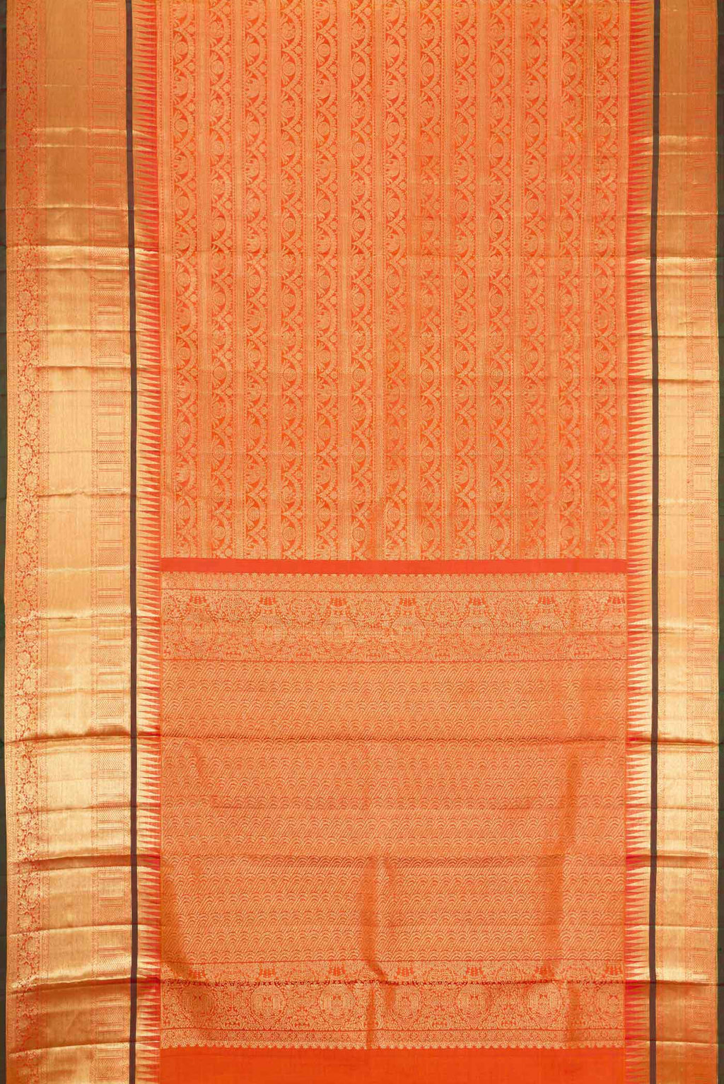 Flat view of Coral Dual Tone Kanchipuram Silk Saree with Zari Brocade on the body and Zari Border. 