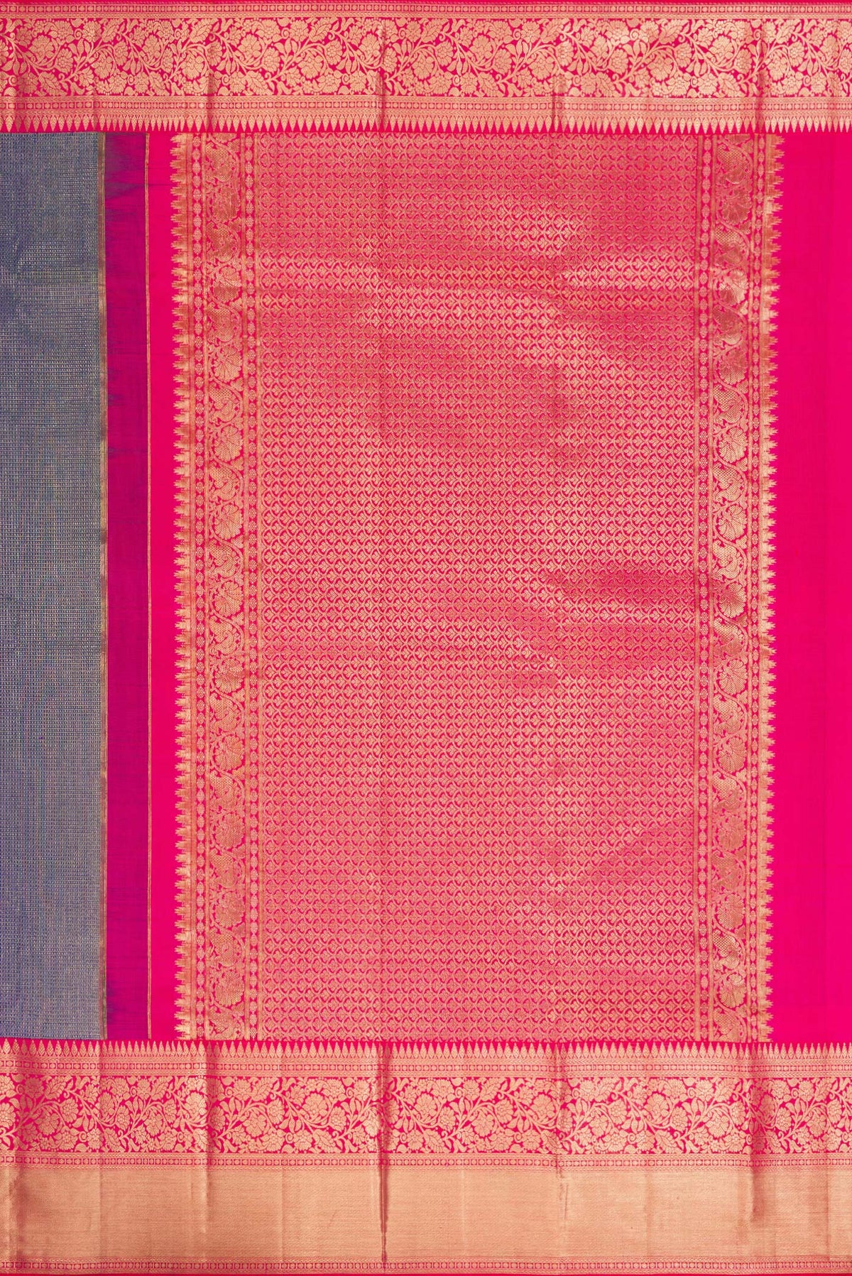 Close up image of the pallu of Peacock Blue Dual Tone Kanjivaram Silk Saree with Zari Brocade on the body and Zari Border. 
