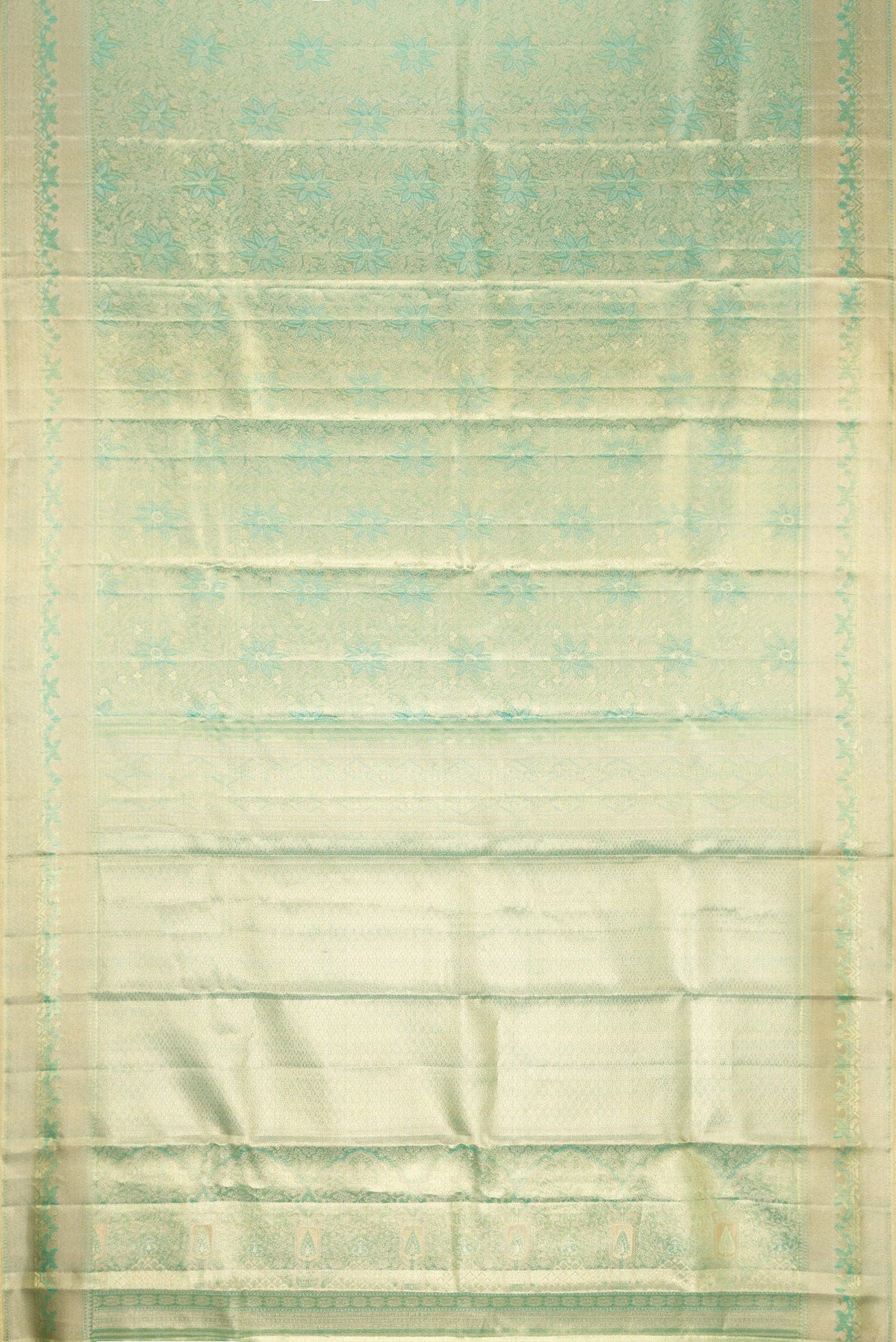 Flat view of Green Dual Tone Kanjivaram Tissue Silk Saree with Zari Brocade on the body and Zari Border. 