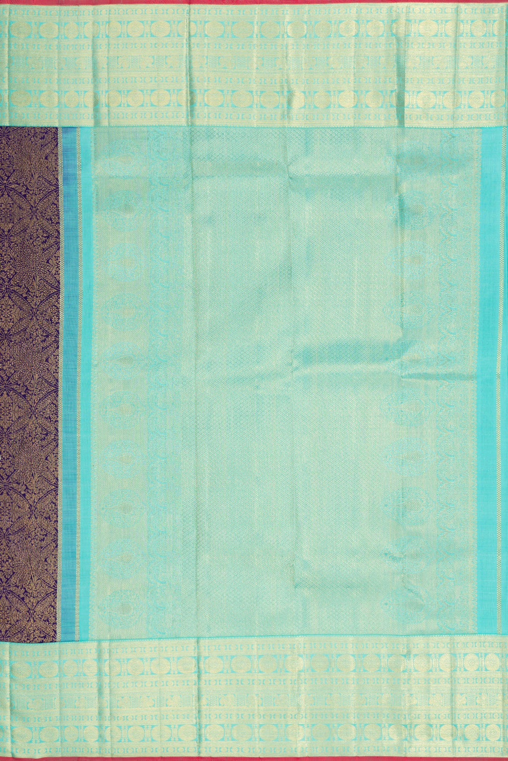 Close up image of the pallu of Navy Blue Dual Tone Kanchipuram Silk Saree with Zari Brocade on the body and Zari Border. 