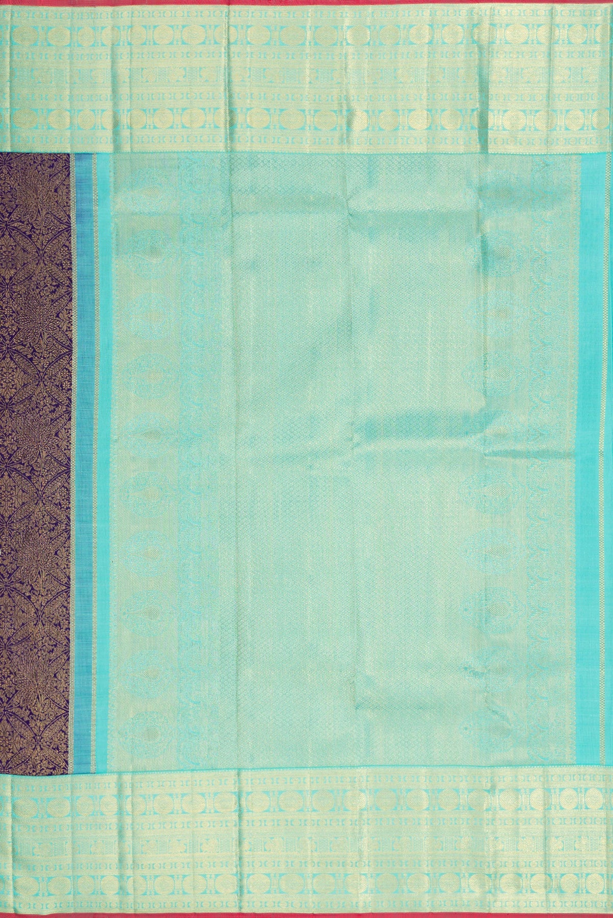 Close up image of the pallu of Navy Blue Dual Tone Kanchipuram Silk Saree with Zari Brocade on the body and Zari Border. 