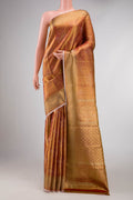 Gold Dual Tone Kanchipuram Silk Saree with Zari Brocade on the body and Zari And Thread Border displayed on a mannequin