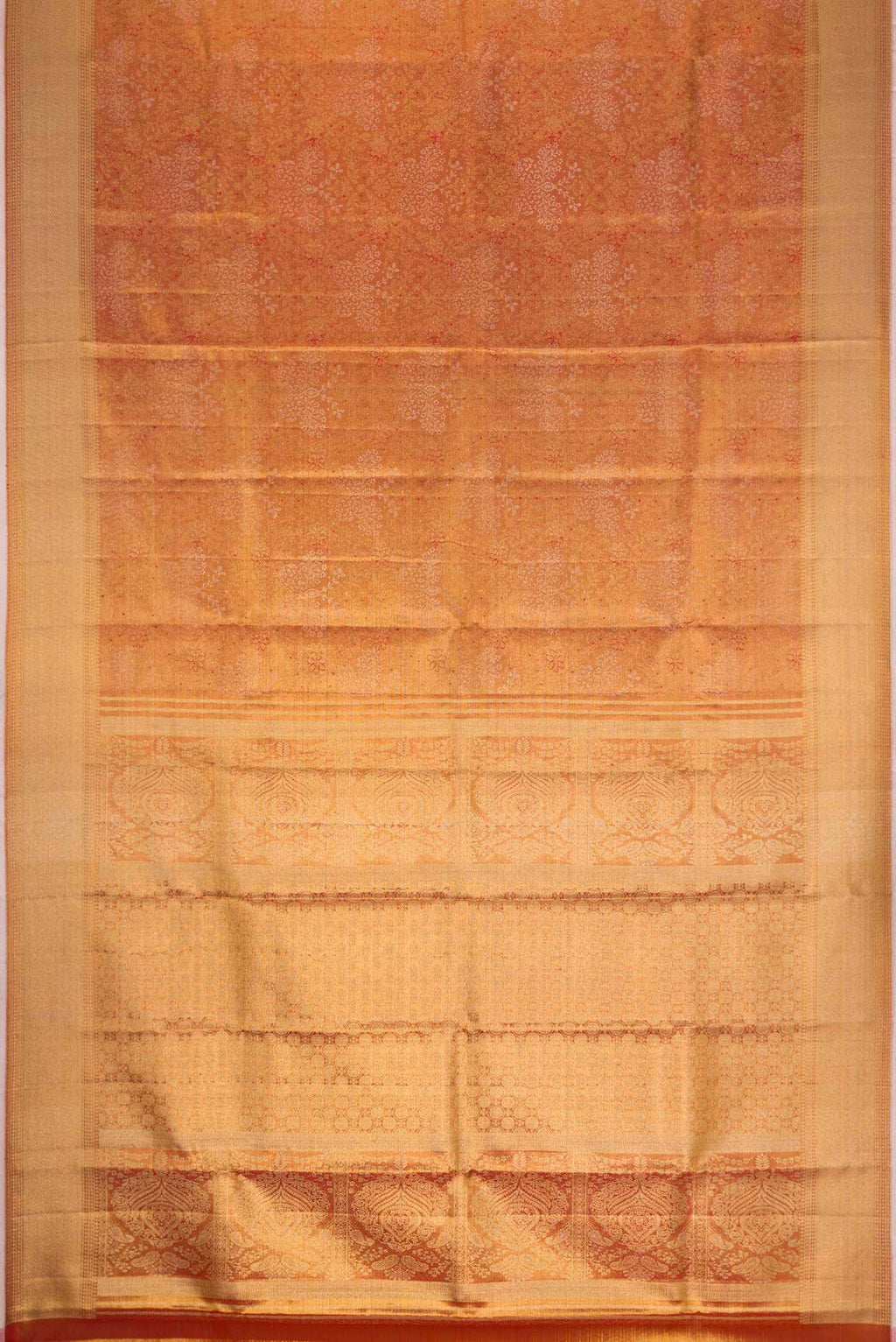 Flat view of Gold Dual Tone Kanchipuram Silk Saree with Zari Brocade on the body and Zari And Thread Border