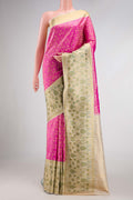 Pink Dual Tone Kanjivaram Silk Saree with Zari Brocade on the body and Fancy Border.  displayed on a mannequin