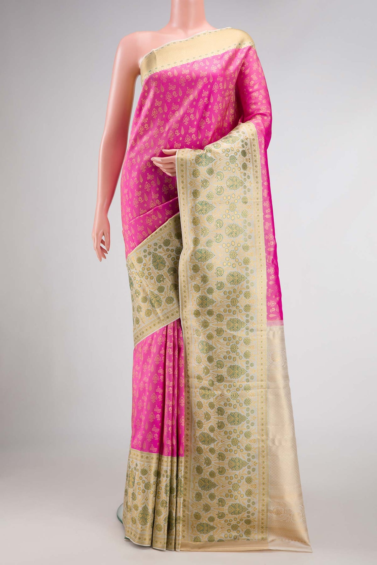 Pink Dual Tone Kanjivaram Silk Saree with Zari Brocade on the body and Fancy Border.  displayed on a mannequin
