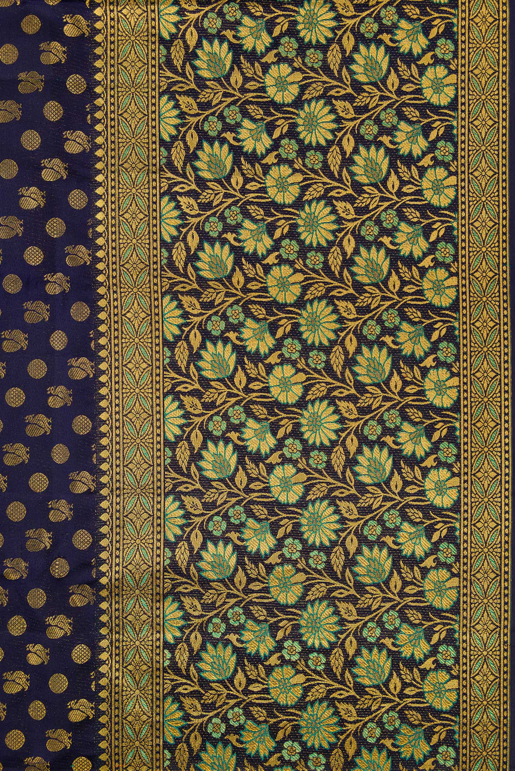 Border image of Navy Blue Dual Tone Kanjivaram Silk Saree with Zari Brocade on the body and Fancy Border. 