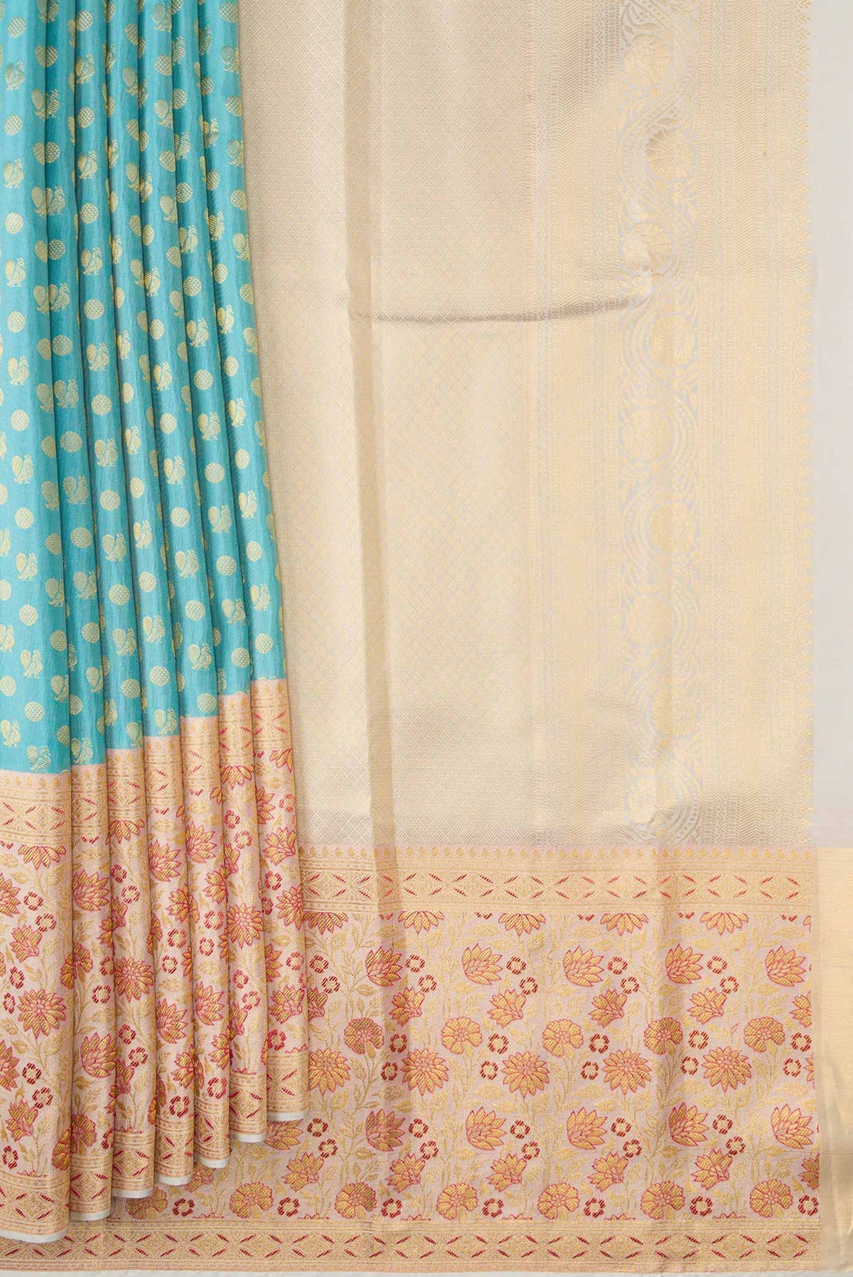 Pleats and pallu of Sky Blue Dual Tone Kanjivaram Silk Saree with Zari Brocade on the body and Fancy Border. 