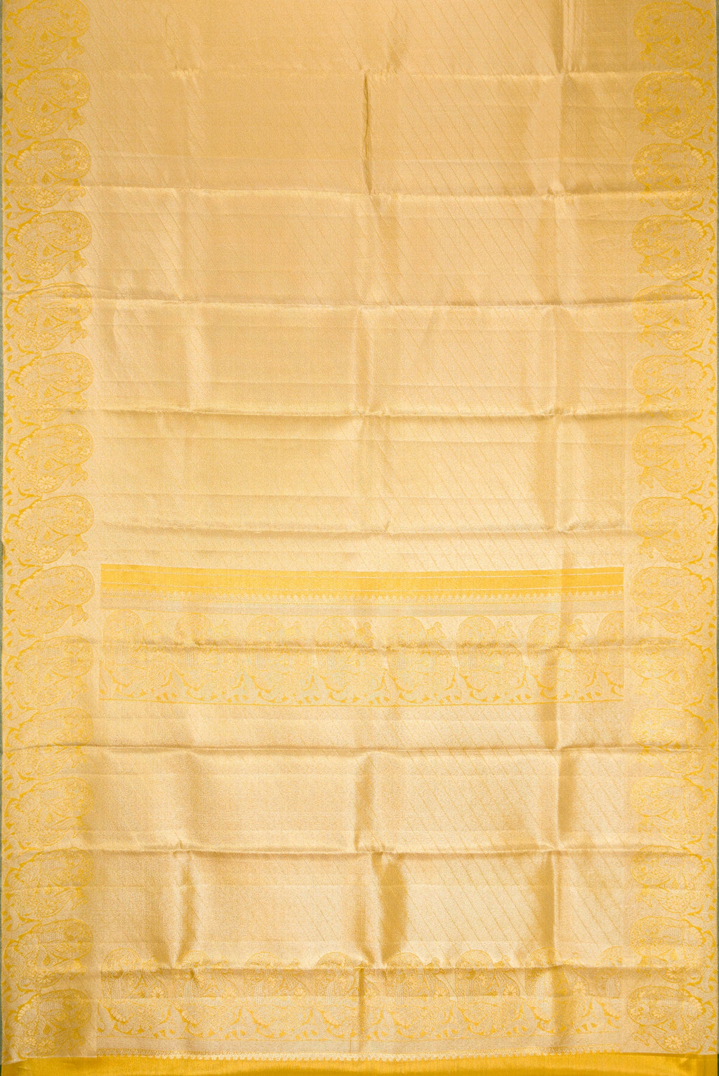 Flat view of Gold Dual Tone Kanchipuram Tissue Silk Saree with Zari Brocade on the body and Zari Border. 