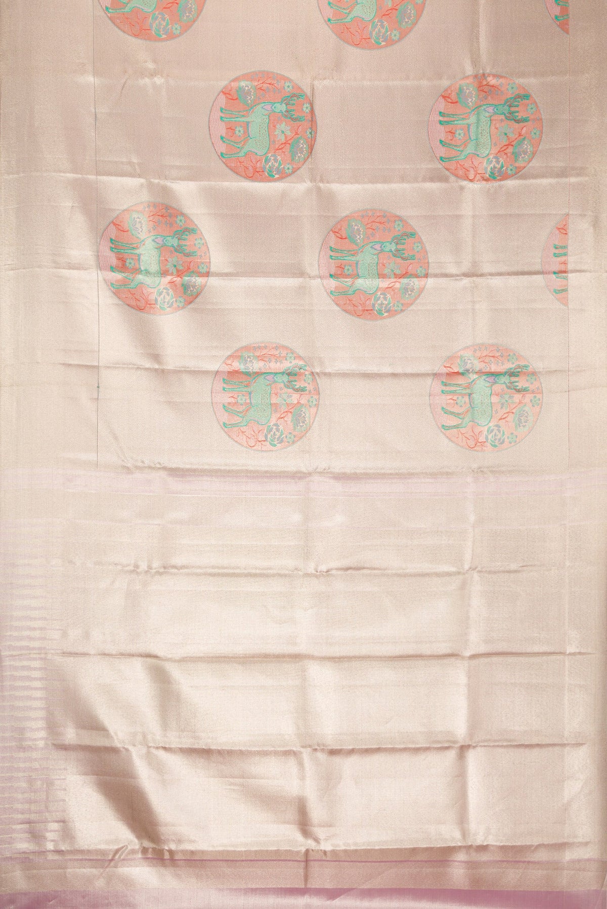 Flat view of Lavender Dual Tone Kanjivaram Tissue Silk Saree with Zari Brocade on the body and Zari Border. 