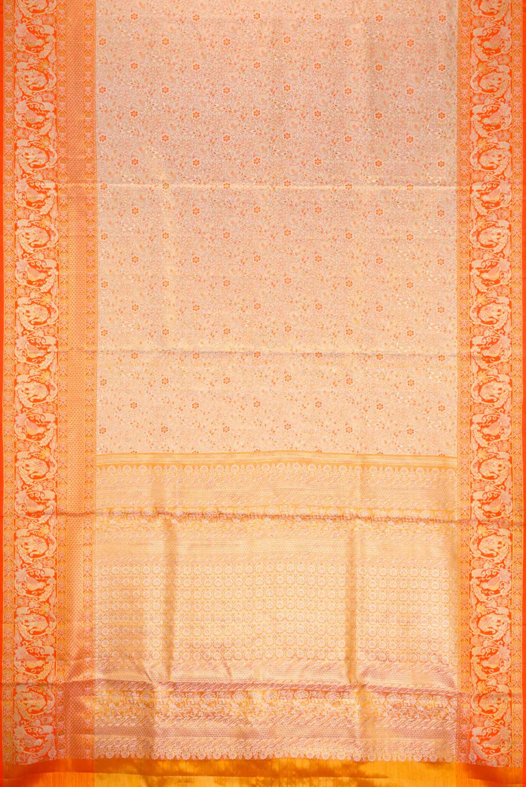 Flat view of Gold Dual Tone Kanchipuram Silk Saree with Zari Brocade on the body and Zari Border