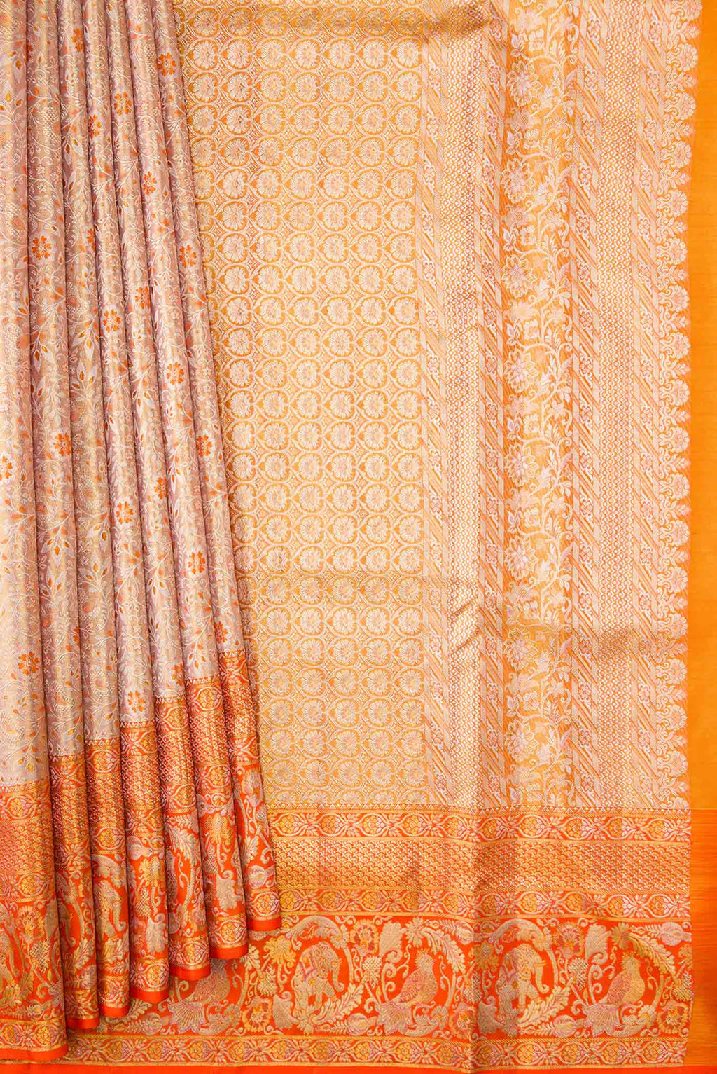Pleats and pallu of Gold Dual Tone Kanchipuram Silk Saree with Zari Brocade on the body and Zari Border