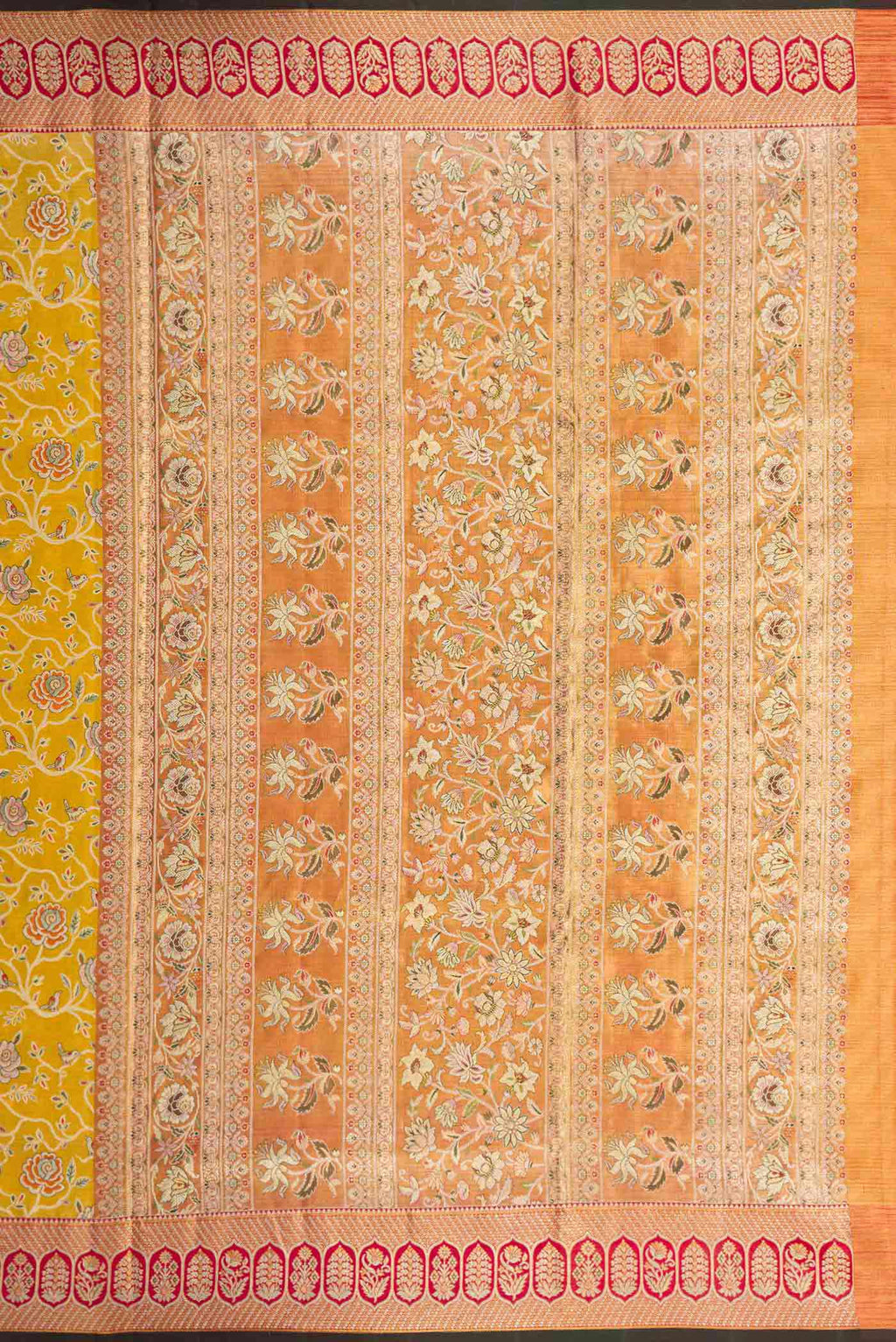Close up image of the pallu of Mustard Dual Tone Kanchipuram Tissue Silk Saree with Zari Brocade on the body and Zari Border