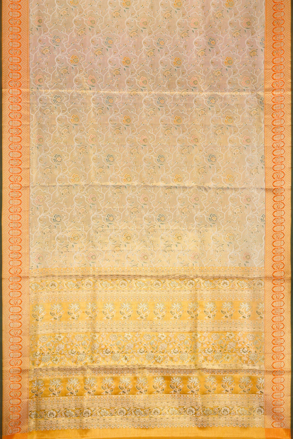 Flat view of Gold Dual Tone Kanchipuram Tissue Silk Saree with Zari Brocade on the body and Zari Border. 