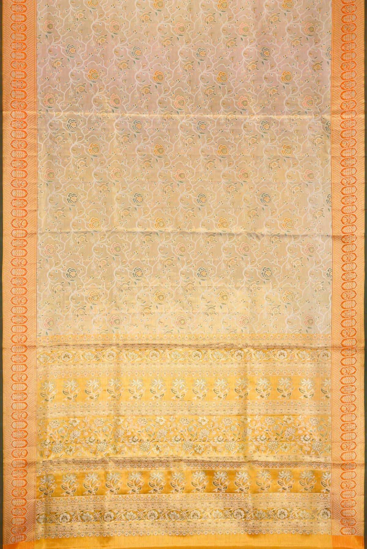 Flat view of Gold Dual Tone Kanchipuram Tissue Silk Saree with Zari Brocade on the body and Zari Border. 