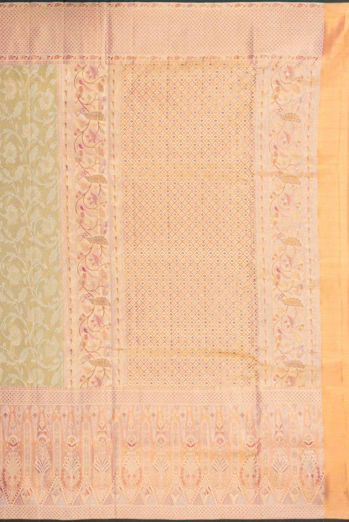 Close up image of the pallu of Light Green Dual Tone Kanchipuram Tissue Silk Saree with Zari Brocade on the body and Zari Border