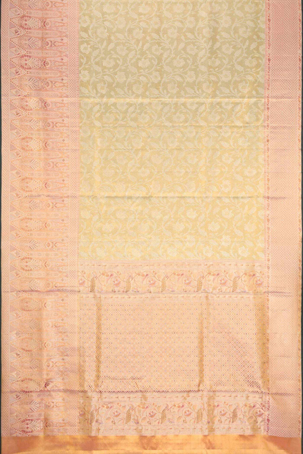 Flat view of Light Green Dual Tone Kanchipuram Tissue Silk Saree with Zari Brocade on the body and Zari Border