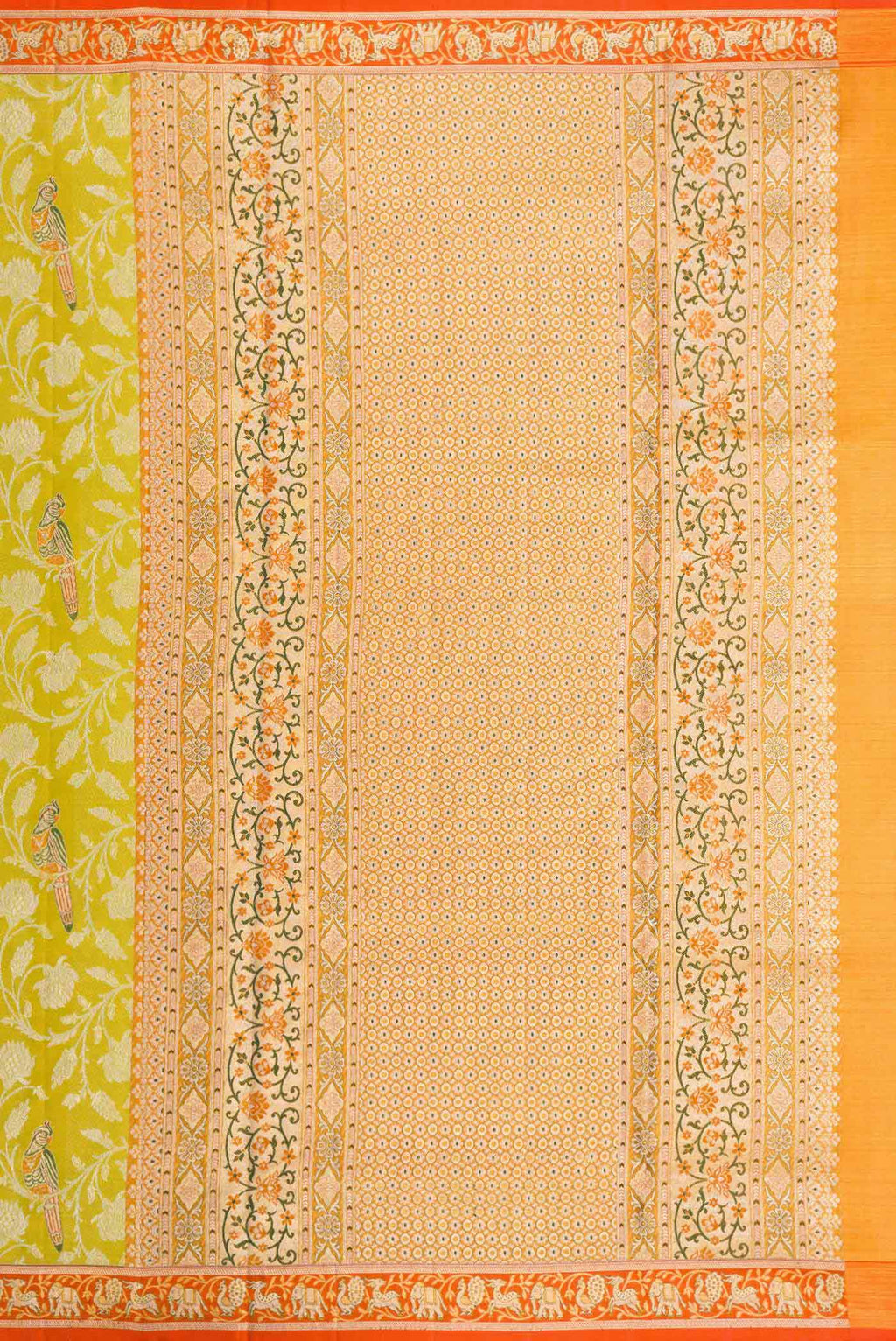 Close up image of the pallu of Parrot Green Dual Tone Kanchipuram Tissue Silk Saree with Zari Brocade on the body and Zari Border