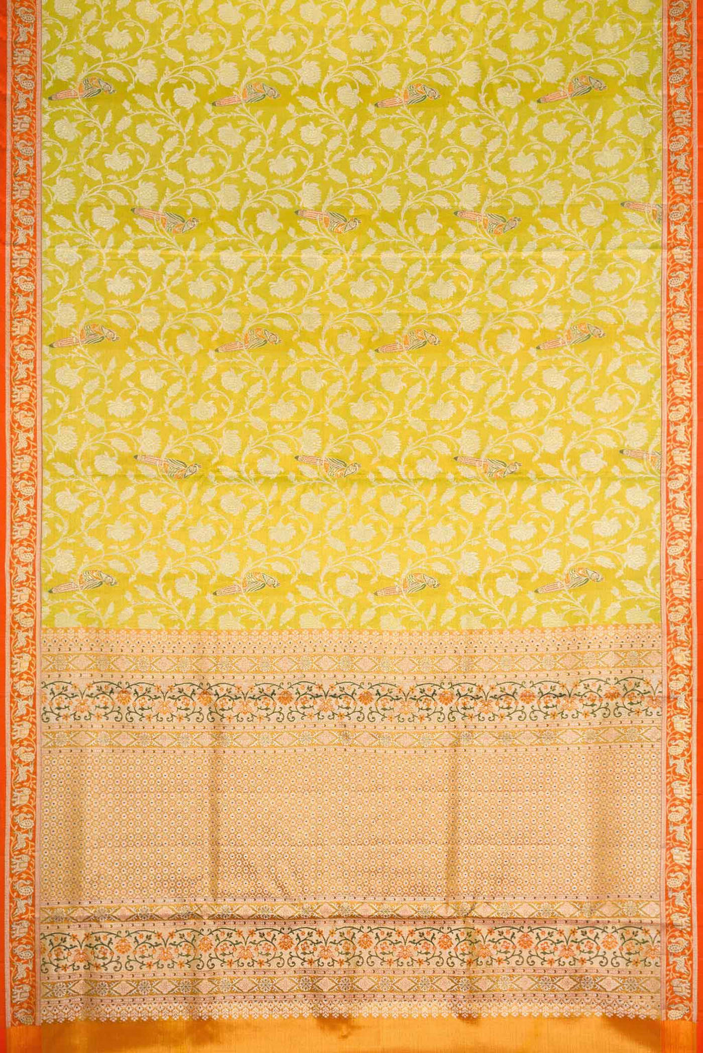 Flat view of Parrot Green Dual Tone Kanchipuram Tissue Silk Saree with Zari Brocade on the body and Zari Border